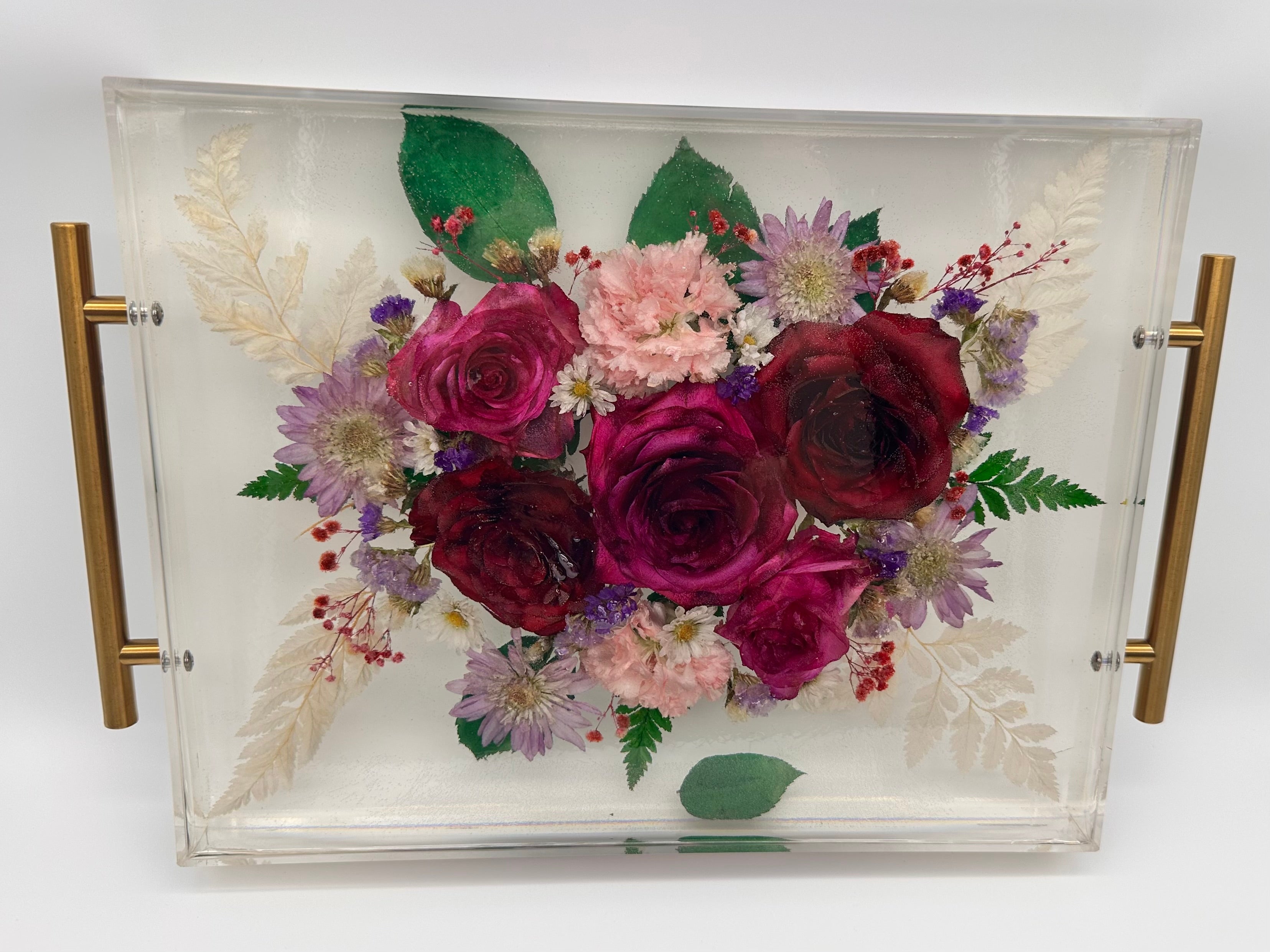 Preserved Florals Tray with Gold Handles - 11"X14"